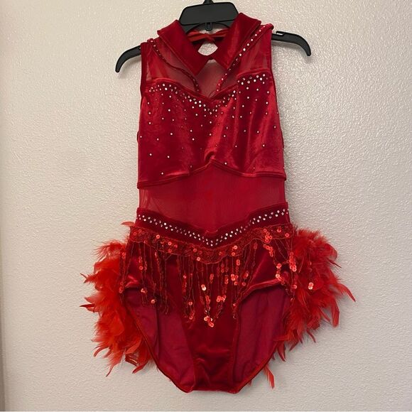 WEISSMAN solo Dance Costume red Crystal feather Leotard queen of hearts 15752 MA - Picture 2 of 13